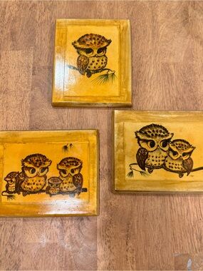 Vintage Thayer Big Eye Owl Wood Wall Art Set of 3 Decoupage Mid Century Modern